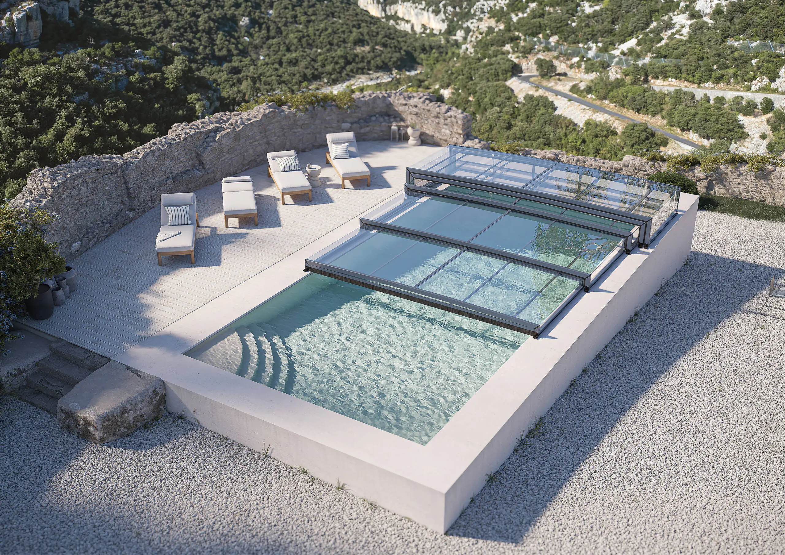 Piscine rectangulaire avec abri télescopique bas en aluminium et verre