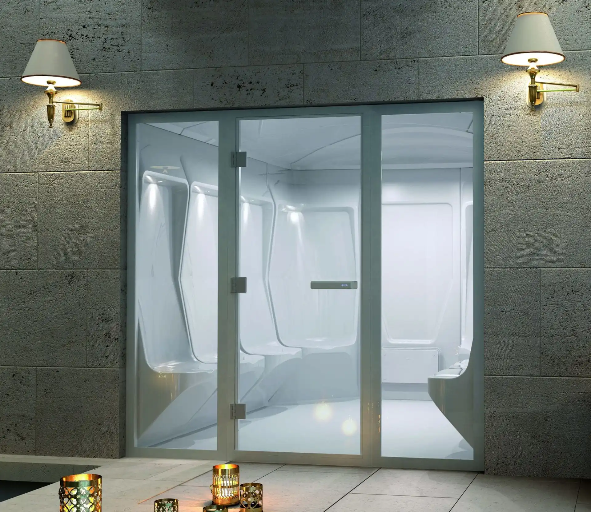 Cabine hammam blanche ergonomique avec façade vitrée et ambiance spa